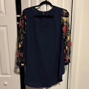 SHEIN Navy Blouse with Floral Embroidered Sleeves
